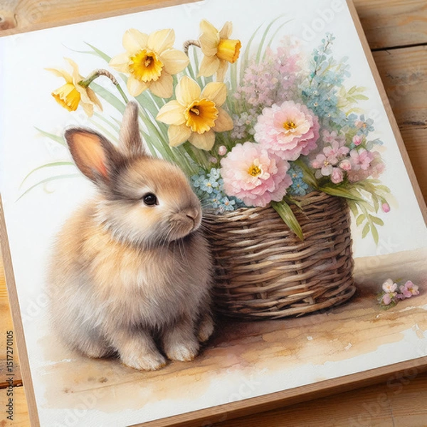 Fototapeta cute little bunny styled next to flower basket