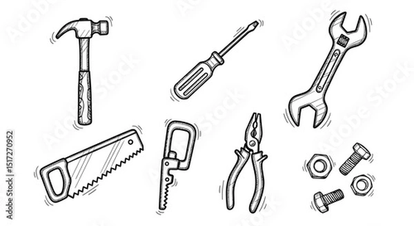 Fototapeta Illustration of various hand tools including a hammer, screwdriver, wrench, and multiple saws tools