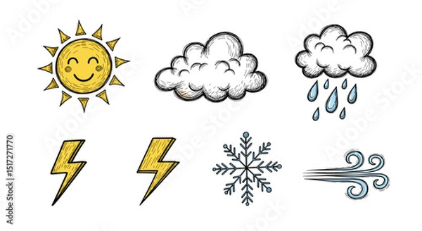 Obraz Illustration of weather icons including sun cloud rain lightning snowflake and wind symbols shown