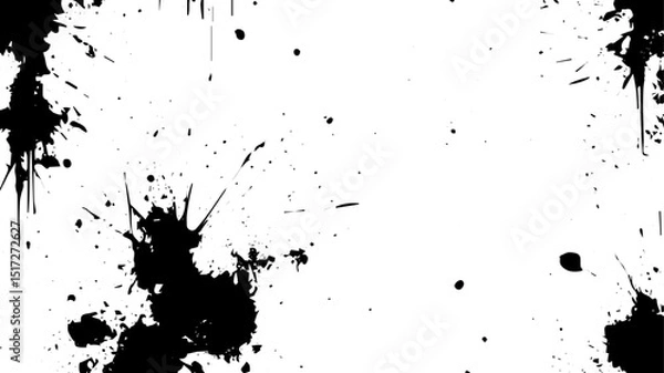 Fototapeta Abstract Ink Splatter and Drip Texture with Black Paint Blots on White Background for Grunge and Artistic Designs