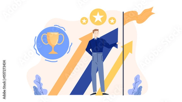 Obraz Man points to an orange flag on a path. Suitable for business, leadership, guidance, goals, success, direction, strategy, accomplishment concepts.