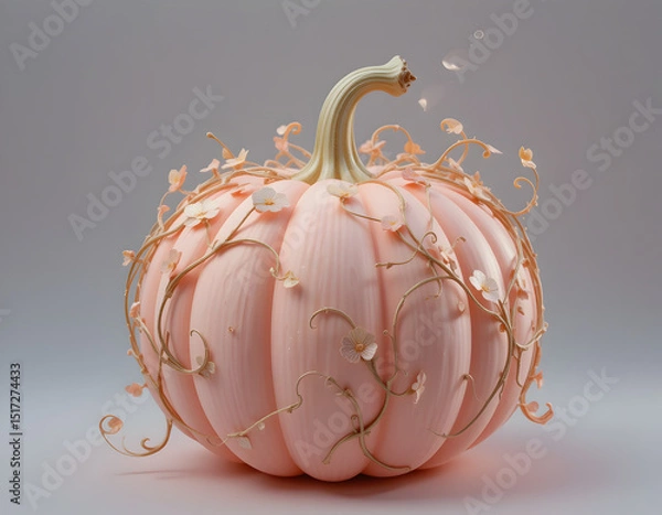 Obraz Pale Pink Pumpkin with Vine Decoration Isolated on a White Background