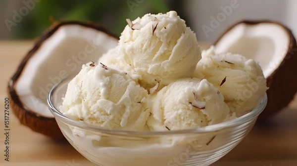 Fototapeta Creamy coconut ice cream scoops in a glass bowl.