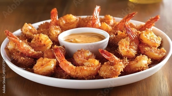 Fototapeta Crispy shrimp appetizers arranged around a dipping sauce.