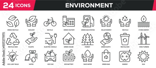 Fototapeta Set of line icons related environment, ecology, sustainable, energy. Editable stroke. Perfect pixel on transparent background