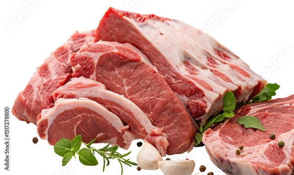 Fototapeta A display of assorted raw meats including ribs steaks and sliced cuts with herbs and garlic cloves near