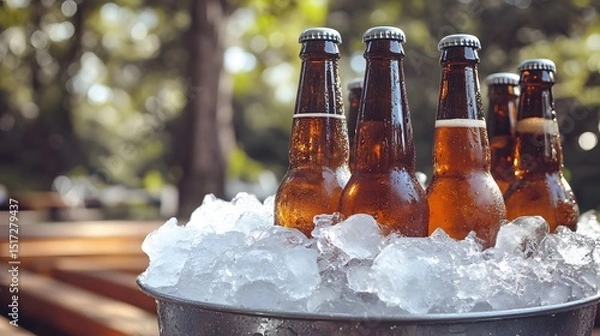Fototapeta Several cool bottles of beer in an ice bucket outdoors.