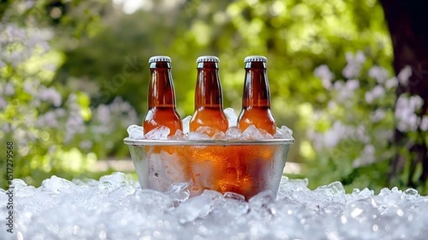 Fototapeta Three brown glass bottles of beverages chilled in an ice bucket outdoors.