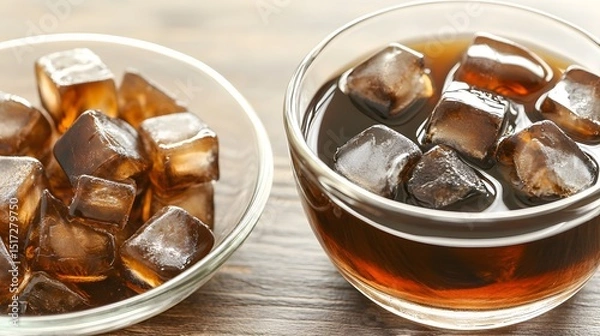 Fototapeta Close-up view of ice cubes and dark beverage.