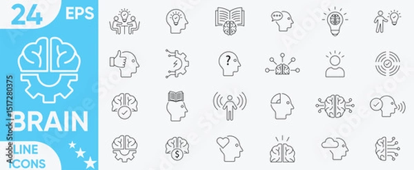 Fototapeta Brain Line icon set.brainstorming, head, neuron, cognition, thinking, neurology, awareness, focus, wise, mind icons, intelligence and more.Vector and illustrator set.