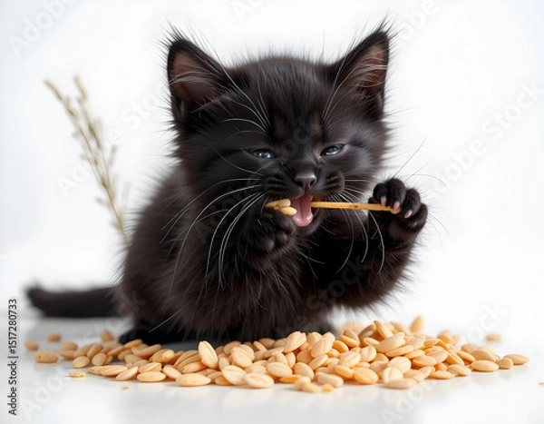 Obraz Black Kitten Chewing on Dried Leaf with Seeds

