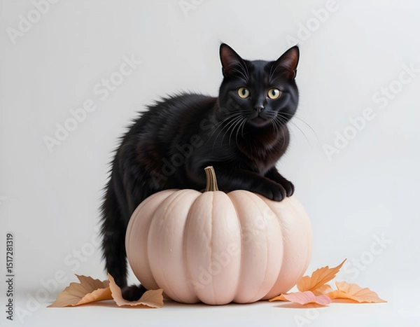 Obraz Black Cat Sitting on White Pumpkin with Autumn Leaves

