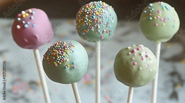 Fototapeta Colorful cake pops on white sticks displayed close-up.