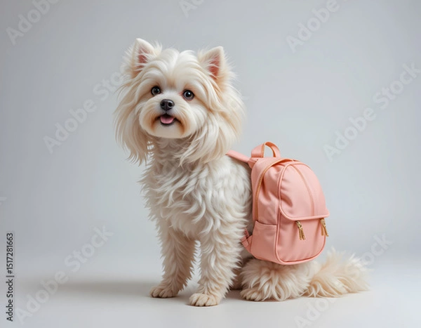 Obraz White Fluffy Dog Wearing Pink Backpack on White Background


