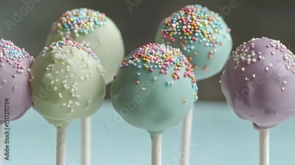 Fototapeta Colorful cake pops on sticks arranged close together.