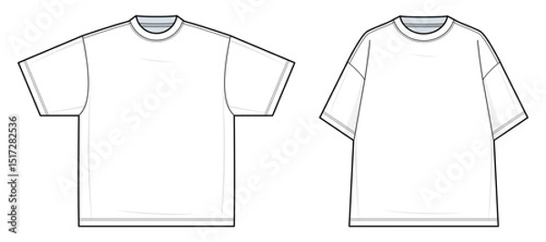 Fototapeta Wide-Fit Oversized T-Shirt Technical Fashion Illustration. Loose-Fit Crewneck Tee Vector Template. Casual Streetwear Style. Front View. CAD Mockup set.