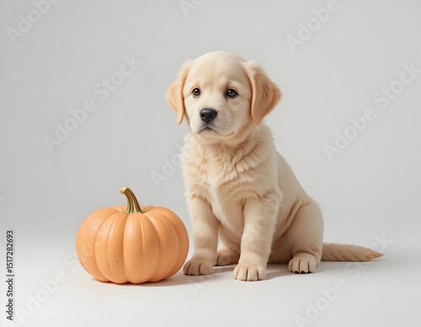 Obraz Golden Retriever Puppy Sitting Next to Orange Pumpkin on White Background

