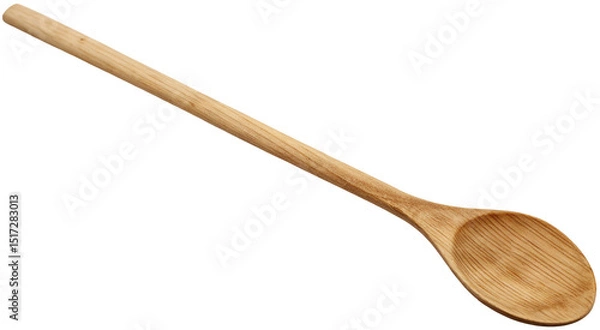 Fototapeta A single wooden spoon with a long handle and a rounded scoop lying diagonally on a black background