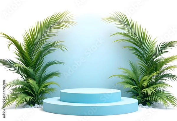 Obraz Blue Round Podium with Palm Leaves and Gradient Background

