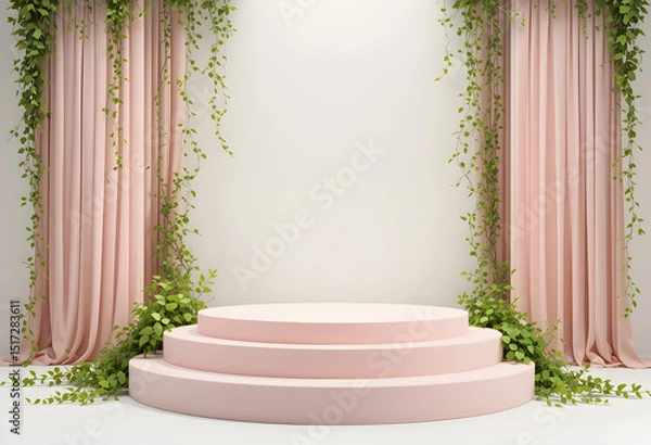 Obraz Pink Round Podium with Draped Fabric and Hanging Greenery

