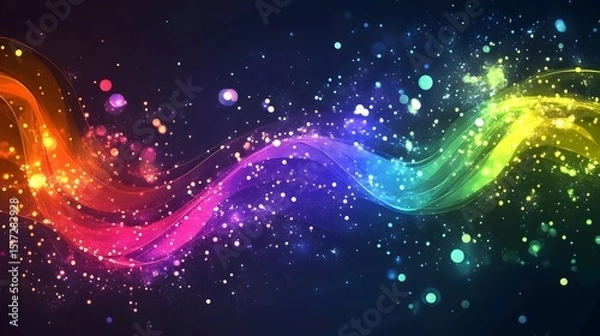 Fototapeta Vibrant abstract design with swirling rainbow streaks and sparkling particles.