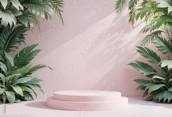 Obraz Pink Round Podium with Large Tropical Leaves and Soft Wall Shadows