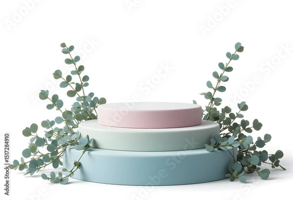 Obraz Layered Blue and Pink Podium with Eucalyptus Branches on White Background