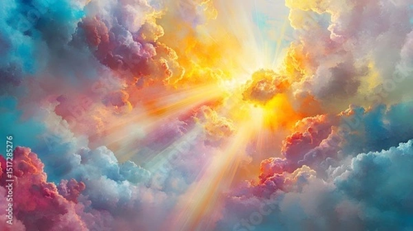Fototapeta Vibrant, colorful cloudscape with radiant light rays.