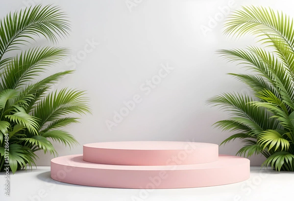 Obraz Minimal Pink Pedestal with Palm Leaves and Soft Lighting