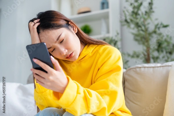 Fototapeta Bad news on device screen. Upset asian woman frustrated by problem with work or relationships, sitting on couch, feeling despair and anxiety, loneliness, having psychological trouble