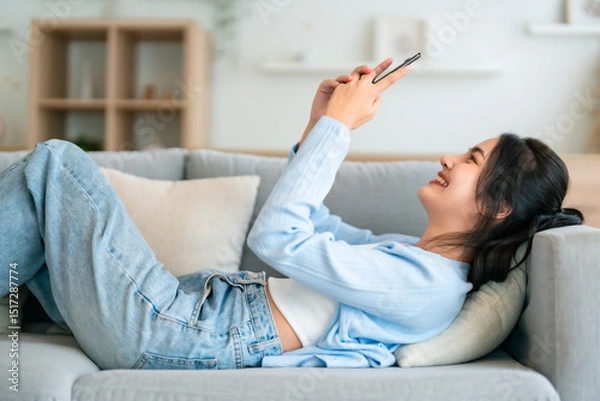 Fototapeta Happy cheerful positive young Asian woman on the phone at home, smiling girl using app and browsing on the internet on smartphone lying on sofa