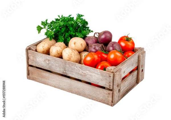 Fototapeta Freshly harvested vegetables displayed in a rustic wooden crate on transparent background, PNG