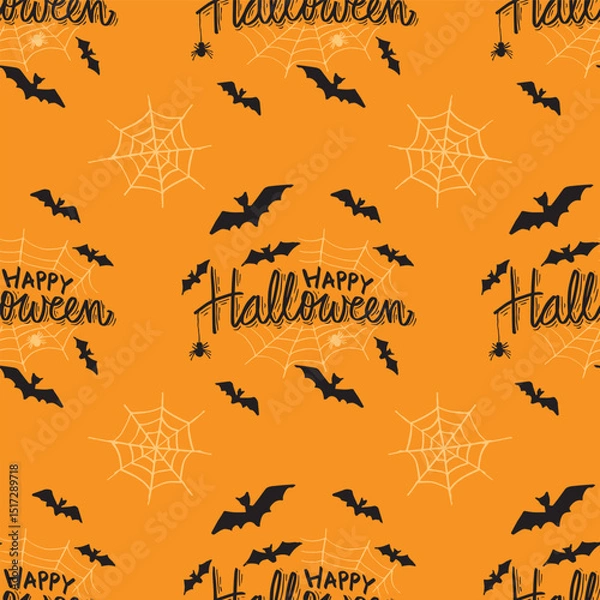 Fototapeta Halloween seamless pattern with bats and cobwebs on orange background