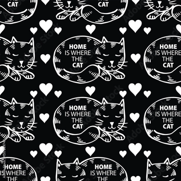 Fototapeta Seamless pattern with home is where the cat lettering, and hearts. Black and white vector illustration.