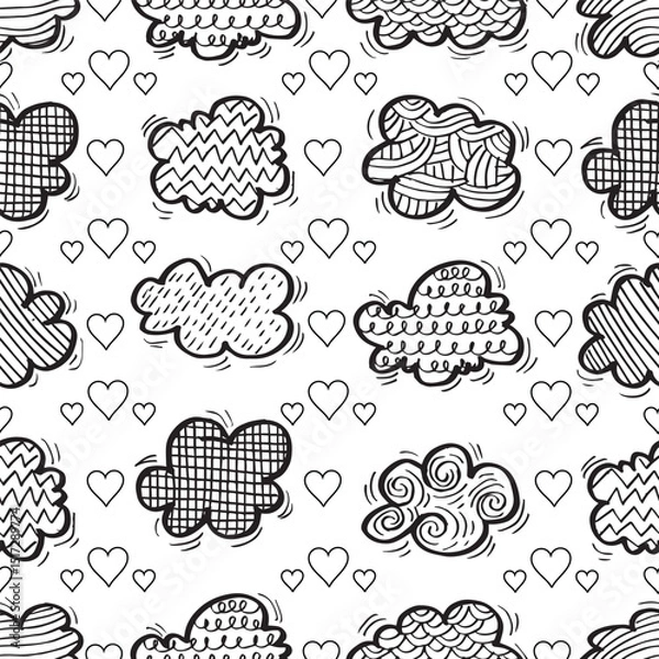 Fototapeta Black and white seamless pattern with hand drawn clouds and hearts. Vector illustration