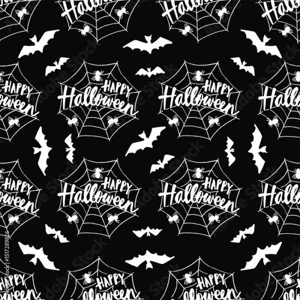 Fototapeta Halloween vector seamless pattern with bats, spiders, web and lettering. Black and white background.