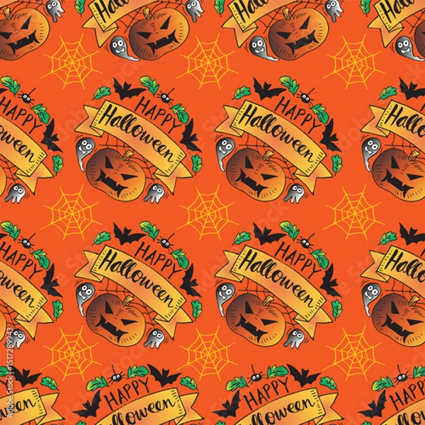 Fototapeta Halloween seamless pattern with pumpkins, bats and spiders on orange background.