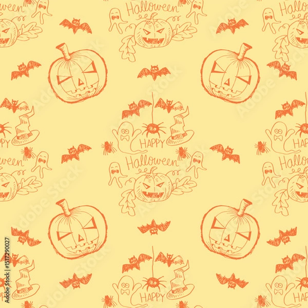 Fototapeta Halloween seamless pattern with pumpkins and bats. Vector illustration.