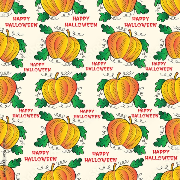 Fototapeta Seamless pattern with pumpkins and text Happy Halloween. Vector illustration.
