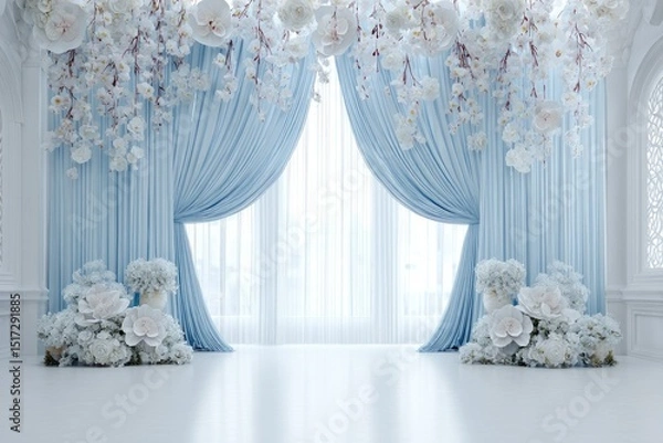 Fototapeta Elegant light blue curtains frame a window, adorned with large paper flowers in white and pale blue, creating a romantic, wedding-like atmosphere in a bright, minimalist room