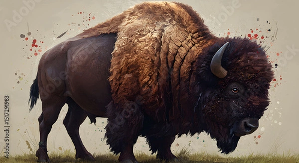 Fototapeta Bison with detailed fur and horn standing on grass