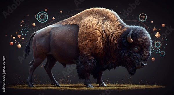 Fototapeta Bison with abstract digital elements in surreal style