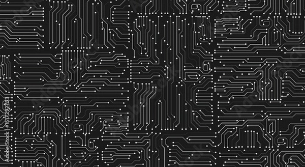 Obraz Electronics board. Circuit board electronic hi tech pattern. Black monochrome background. gray lines and dots isolated on black background. Vector art