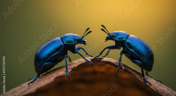 Fototapeta Two beetles interacting on wood surface