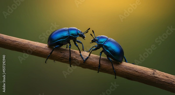 Fototapeta Two beetles on a wooden branch
