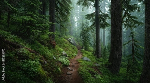 Fototapeta Misty forest path winds uphill through lush, moss-covered terrain, tall evergreens line the way, creating an atmospheric, serene scene