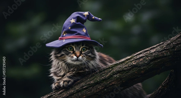 Fototapeta Cat Wearing Wizard Hat in Forest