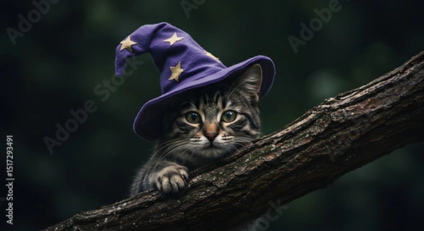 Fototapeta Cat Wearing Wizard Hat on Tree Branch