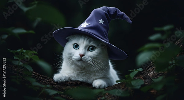 Fototapeta White cat wearing a wizard hat in forest setting