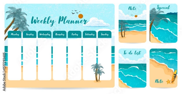 Obraz cute weekly planner background with beach.Vector illustration for kid and baby.Editable element